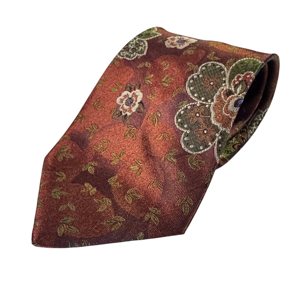 Pal Zileri Mens Silk Necktie Made in Italy Floral Paisley Pattern Brown‎ Green